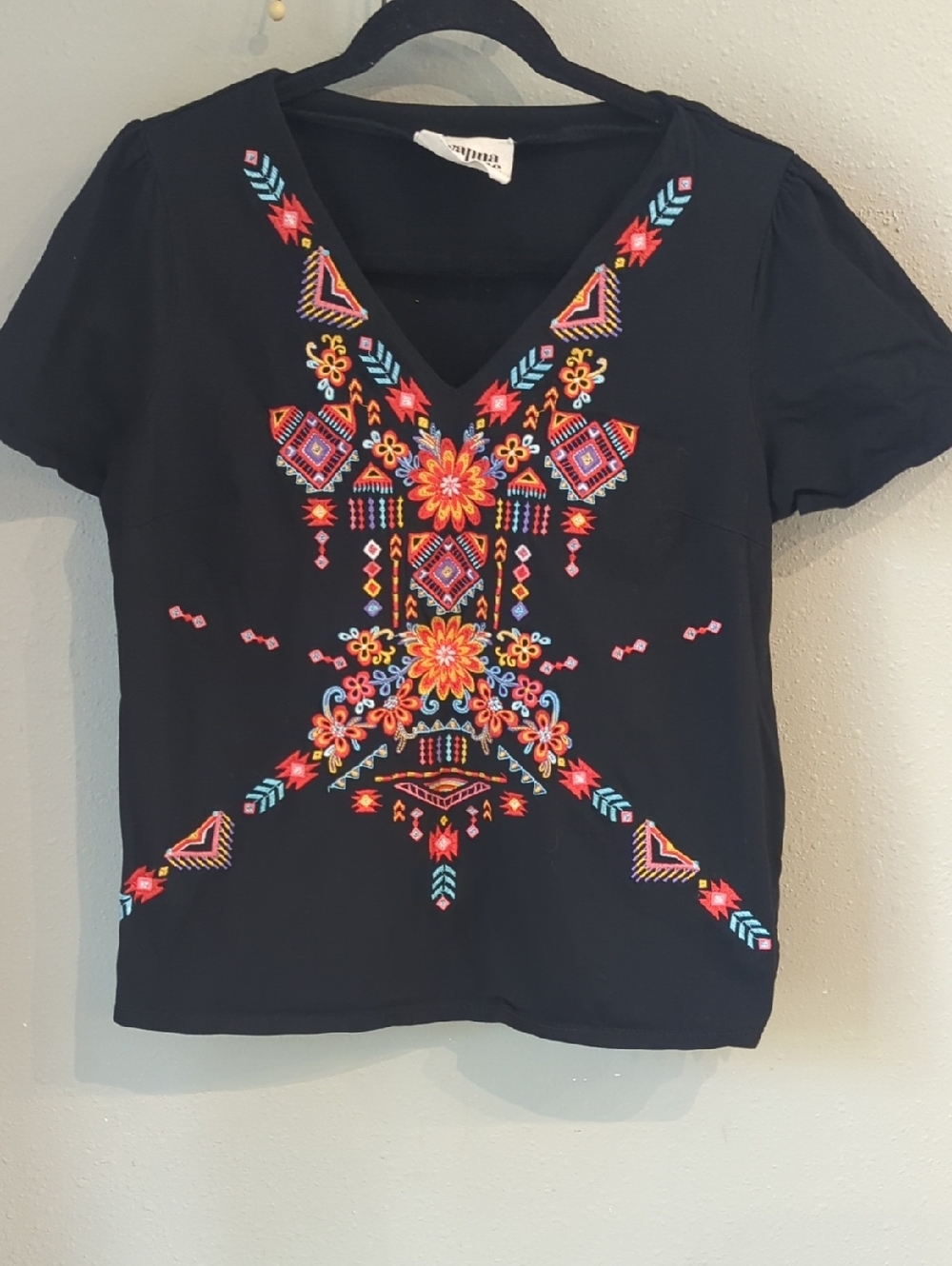 Savanna Jane Boho Embroidered Top Black Aztec Western Festival Country